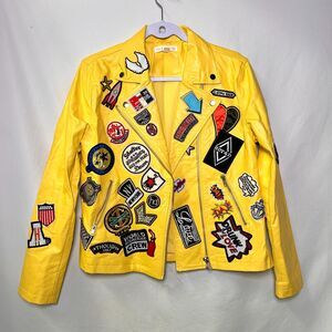 Hot & Delicious yellow vegan leather biker moto jacket with patches Large